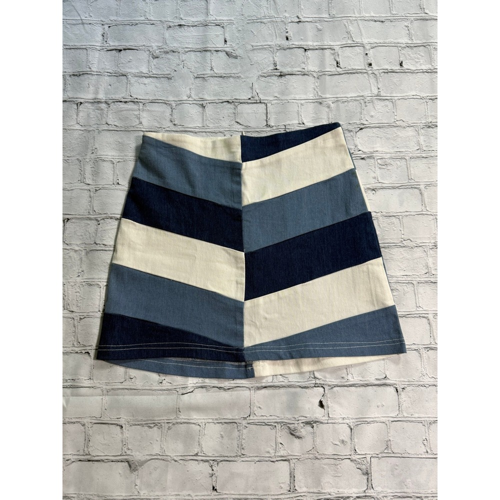 Altar'd State Mini Skirt Small Blue Cream Chevron Patchwork Denim Coastal Boho